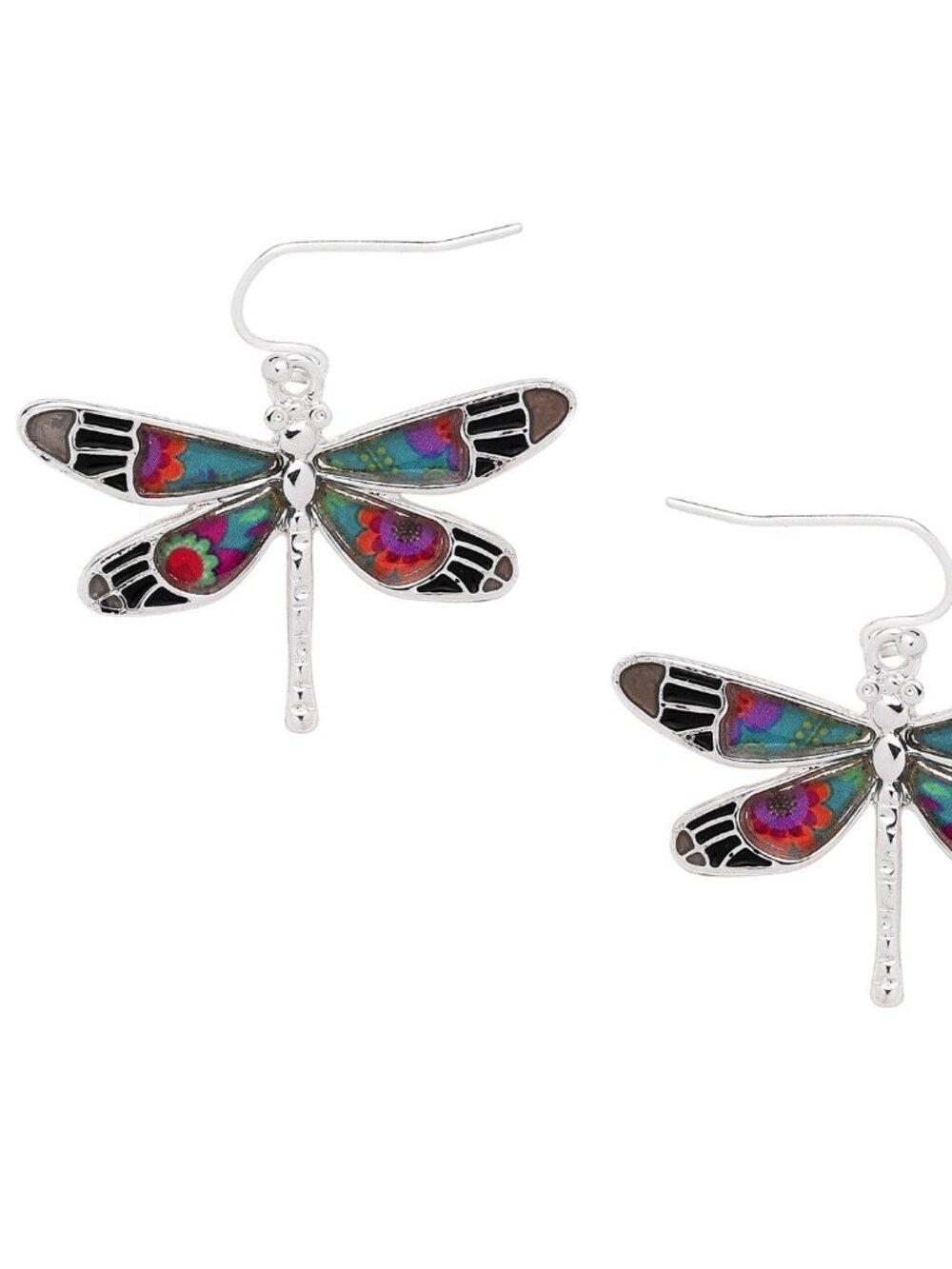 Dragonfly Earrings Wings Fish Hook SILVER MULTICOLOR Metal Dangle 5336